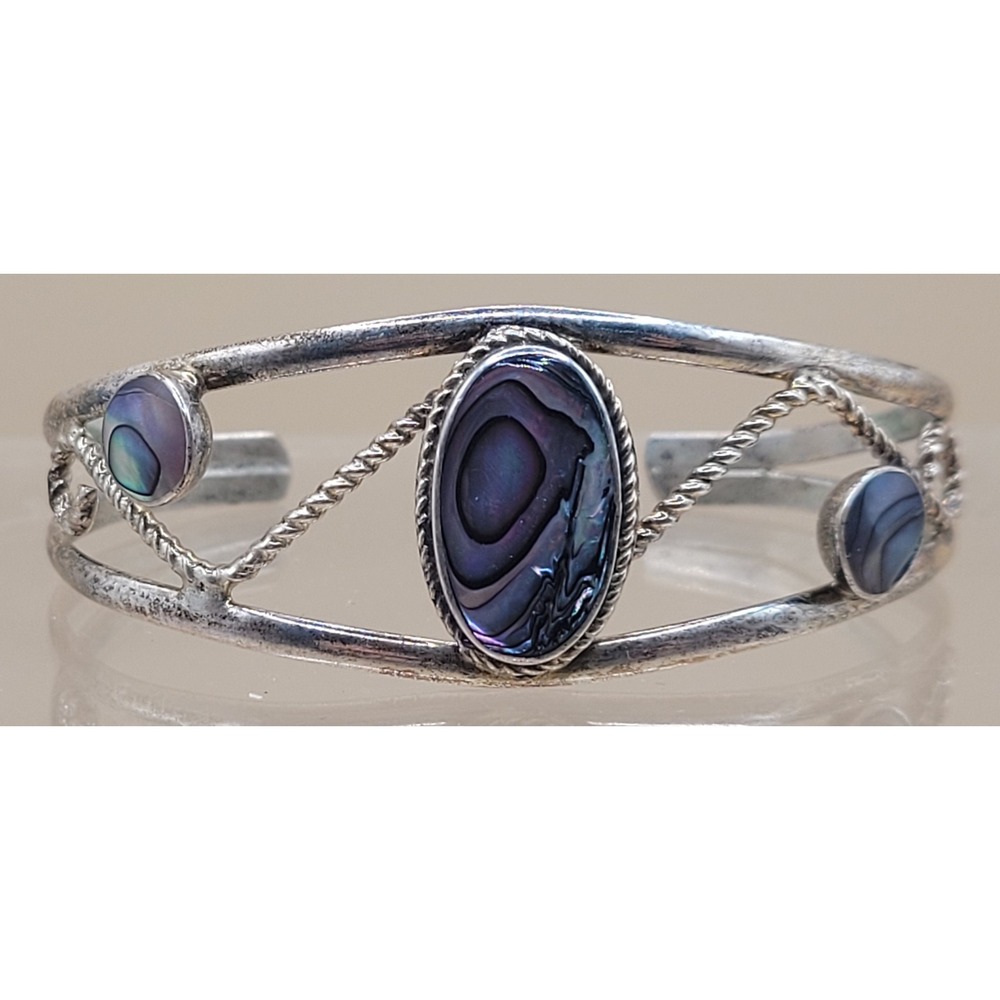 Vintage Sterling Silver Abalone Shell Cuff Bracelet Southwestern Boho 925